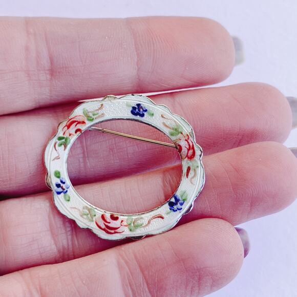 LaMode Sterling Silver Guilloche Floral Enamel Brooch Mid Century 1940s Pin - Picture 5 of 8